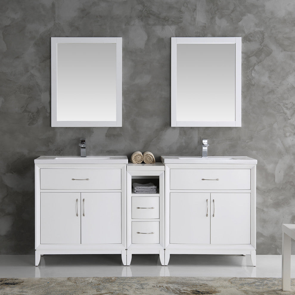 Cambridge 72" White Double Sink Traditional Vanity With Mirrors, FFT1030BN