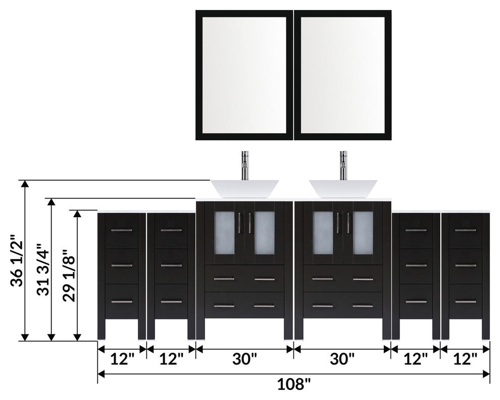 Modern Vanity Set With Two Sink Bases With Mirrors and Four Drawer Bases, Espres