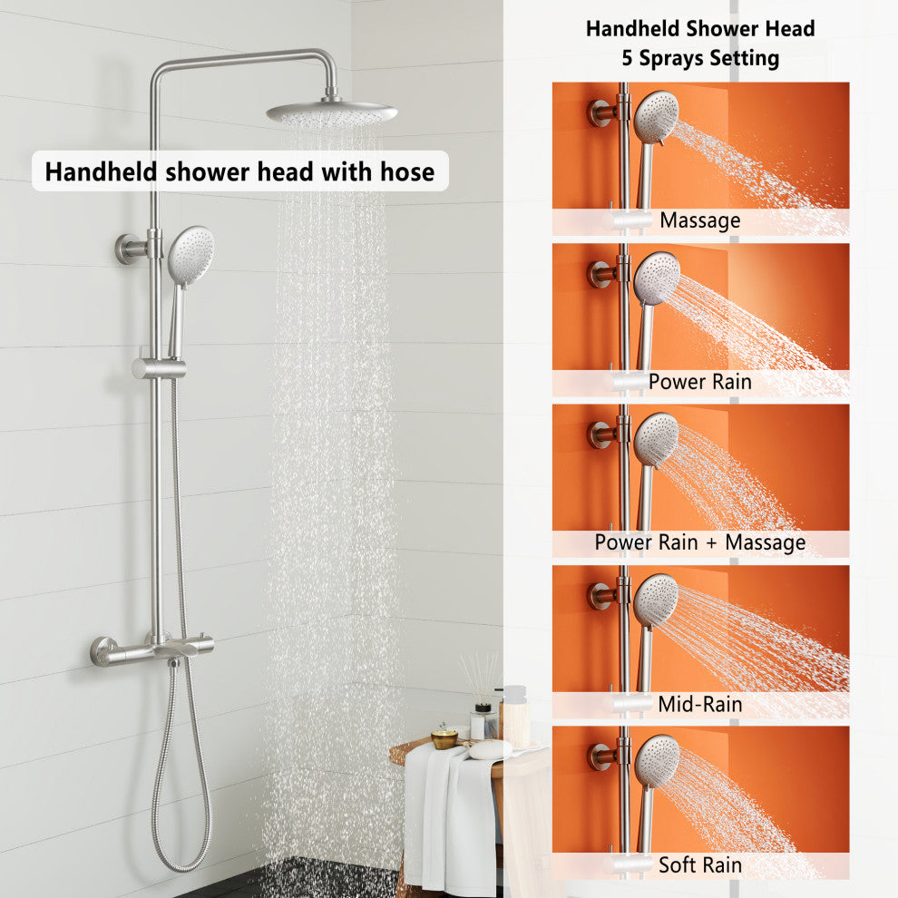 Thermostatic Round Shower Faucet Dual Head Waterfall Shower Bar System, Brushed Nickle