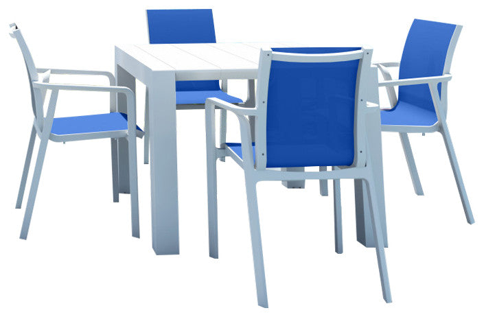 Pacific 5 Piece Dining Set, Extension Table and Arm Chairs White Frame Blue