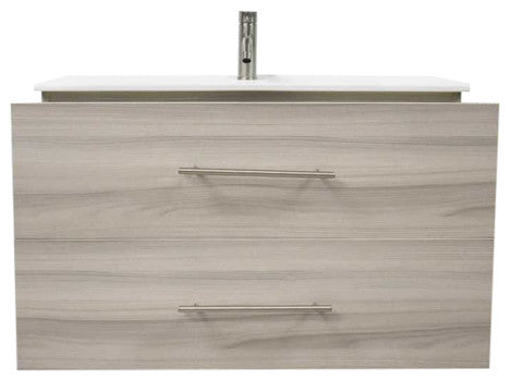 Napa 36" Modern Floating Bathroom Vanity With Ceramic Top and Round Handles, Ash Gray