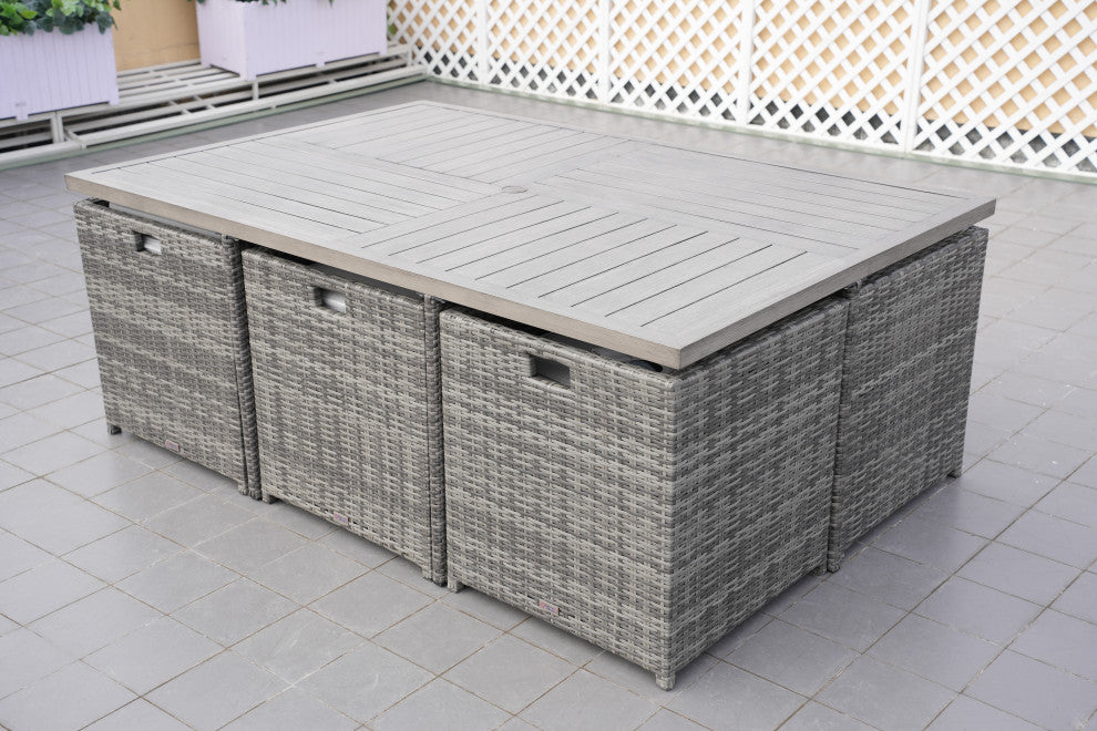 Outdoor Patio Wicker Dining Table Set with Chairs, 11-Piece Set, Gray