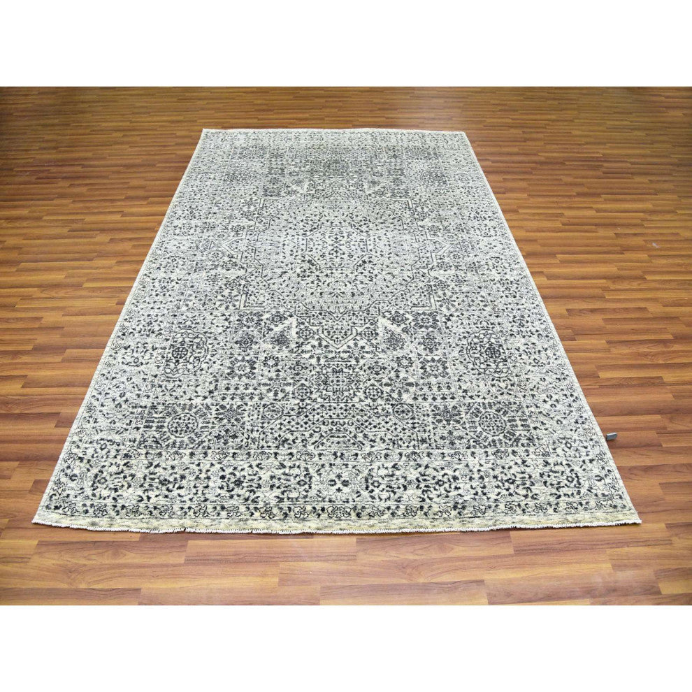 Ghost White Hand Knotted Mamluk Dynasty Design Undyed 100% Wool Rug 6'1"x9'3"