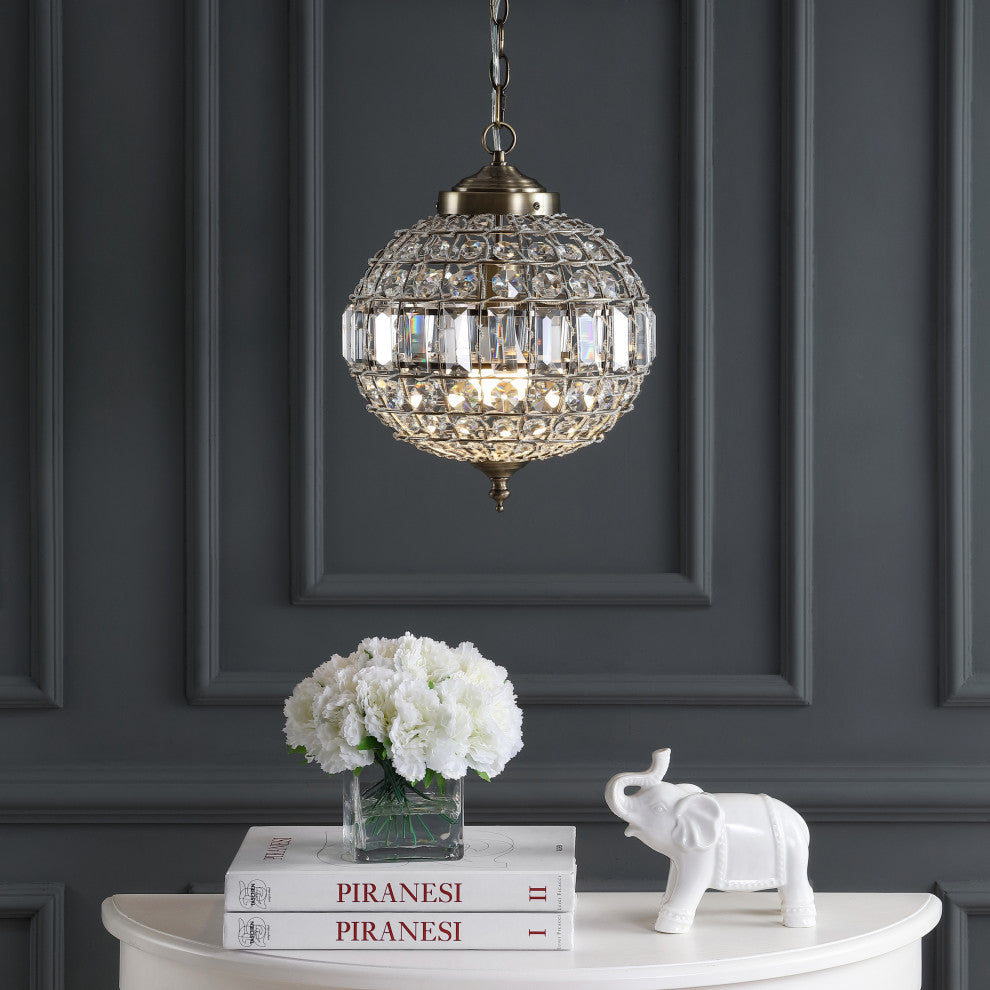 Georgina Crystal, Metal LED Chandelier Pendant, Antique Brass, 12"