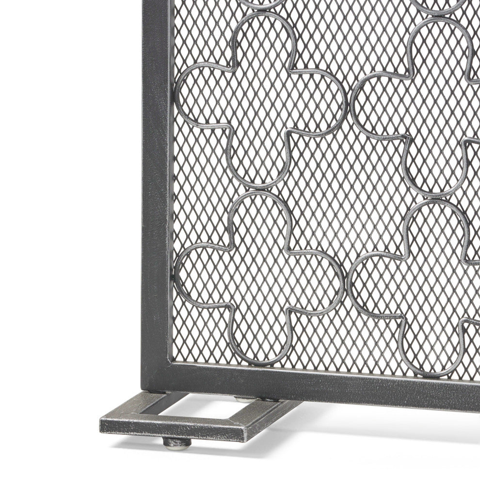 Uriah Modern Single PanelIron Firescreen, Black Brushed Silver Finish