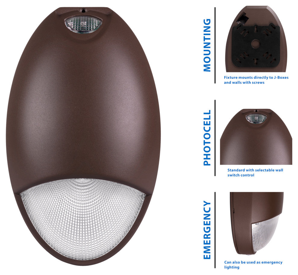 Bronze Outdoor LED Teardrop Emergency Wall Pack with Photocell, 2700k