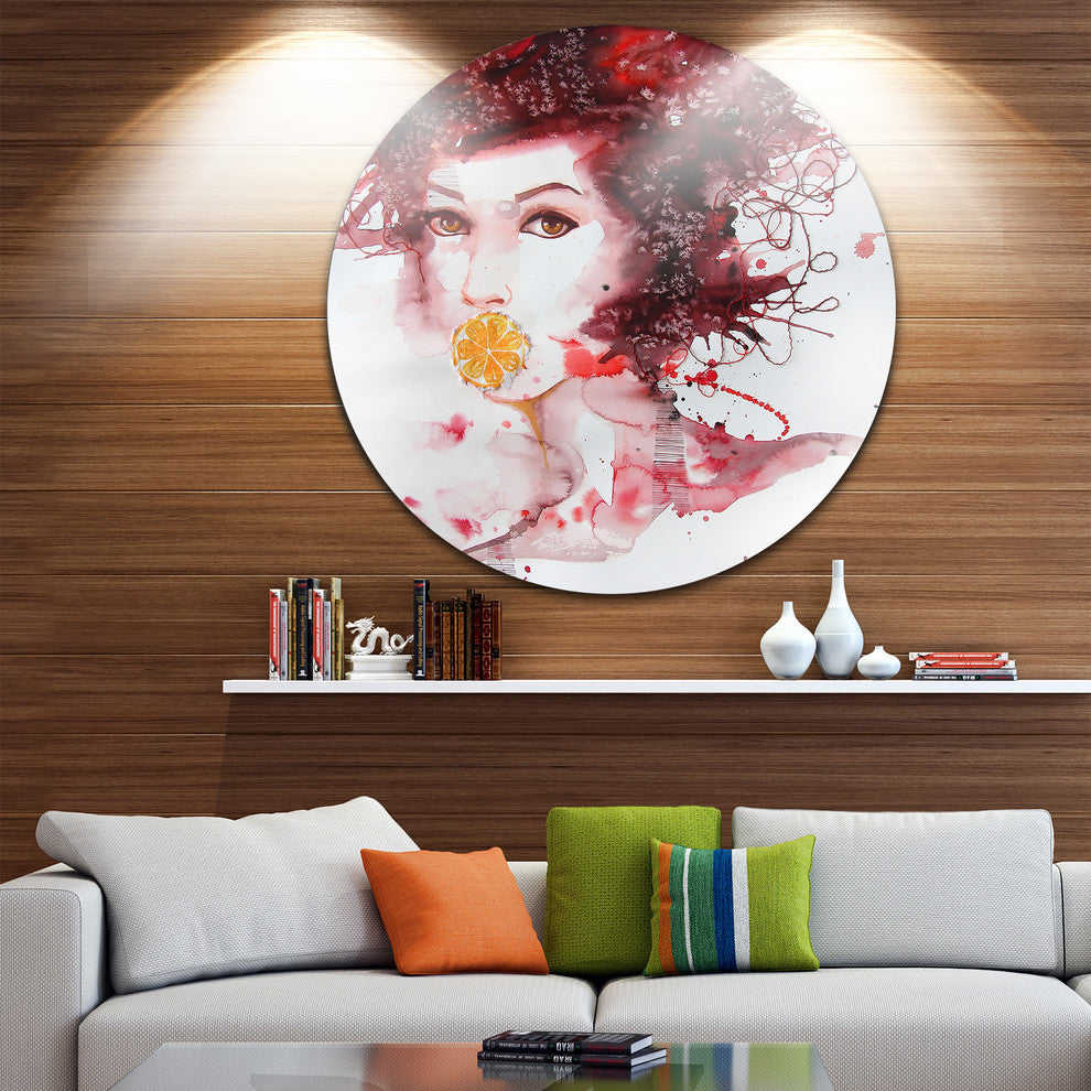 Illustrated Girl With Red Hair, Portrait Round Metal Wall Art, 11"