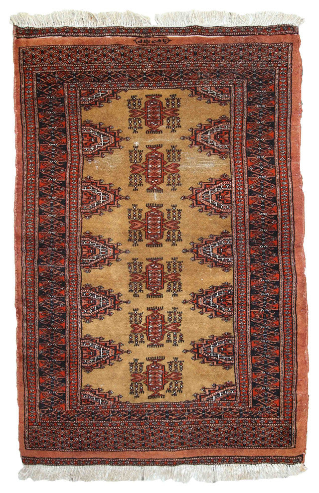 Handmade Vintage Uzbek Bukhara Rug, 2.5'x3.9', 77cm x120cm 1960s