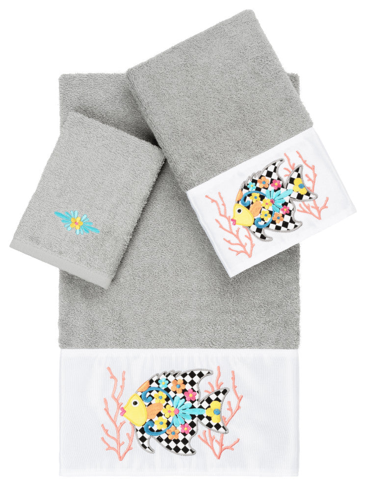 Linum Home Turkish Cotton Feliz 3-Piece Embellished Towel Set, Light Gray
