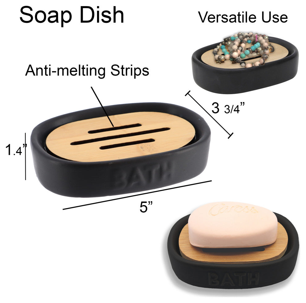 Bath D Soap Dish Cup Dispenser White and Bamboo Tray, Black / Bamboo
