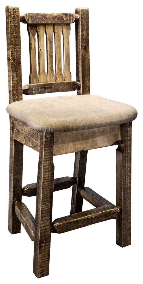 Homestead Bar Stool With Back, Buckskin Upholstery, Stain and Lacquer Finish