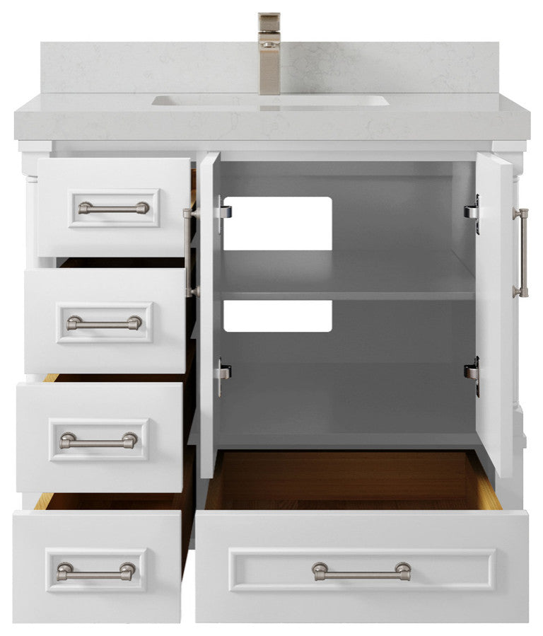 Aberdeen 36 Center Sink Bath Vanity in White 2" Carrara Quartz