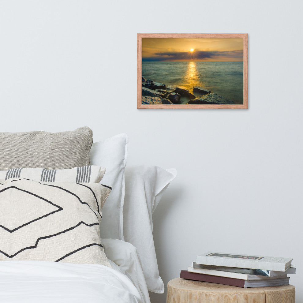 Sun Ray on the Water Coastal Landscape Framed Photo Paper Wall Art Print, Red Oak, 12" X 18"