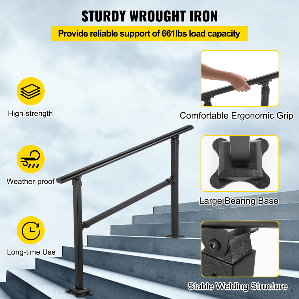 VEVOR Outdoor Stair Railing Transitional Wrought Iron Handrail, 24 Inch, 3 Steps