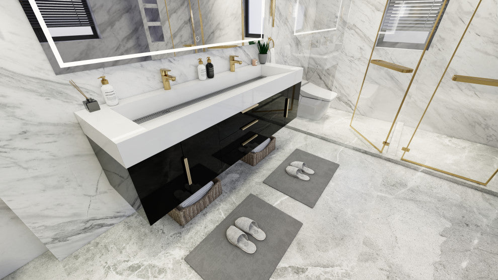 Madison 72" Wall Mounted Double Sink Vanity with Reinforced Acrylic Sink, High Gloss Black