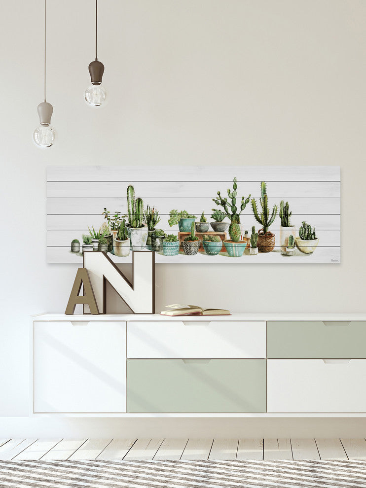 "Cactus Club" Painting Print on White Wood, 60"x20"