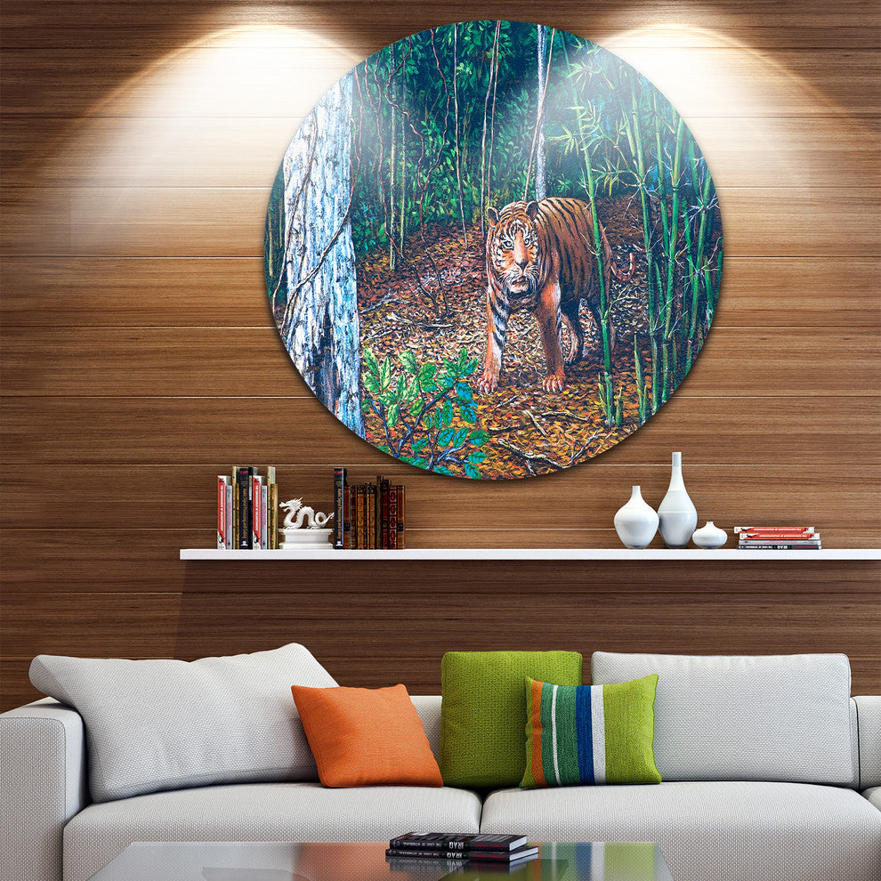 Wandering Tiger In Forest, Animal Digital Art Disc Metal Wall Art, 23"