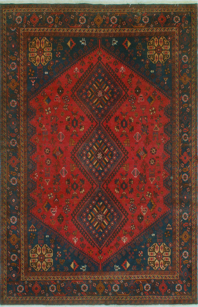 Fine Vintage Distressed Malaya Red/Navy Rug, 6'9 x 10'3