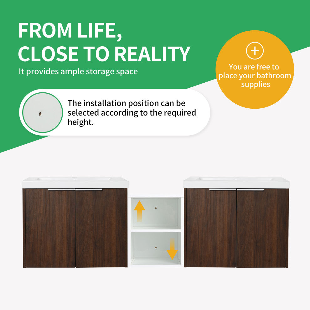 BNK Wall-Mounted Bathroom Cabinet Set with Soft-Close Doors, California Walnut, 60inch