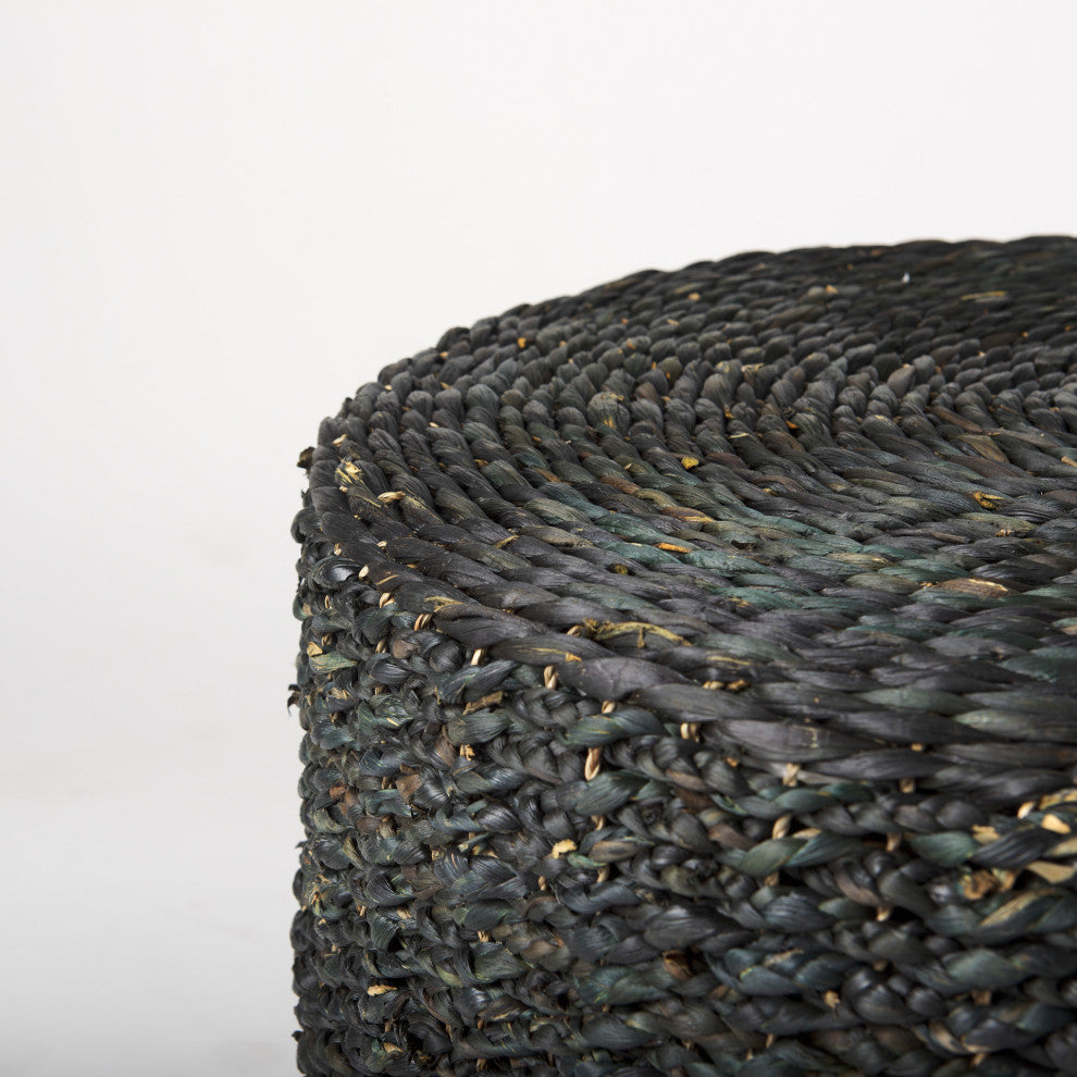 Dina 75Lx75Wx45H Black Cornhusk and Water Hyacinth Round Coffee Table Pouf