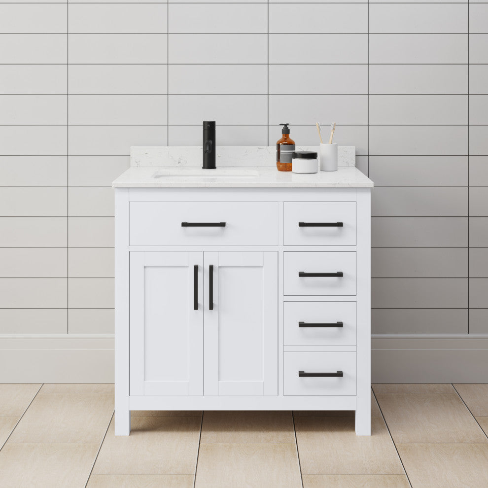 Beckett 36" White Single Vanity, Carrara Cultured Marble Top, Black Trim