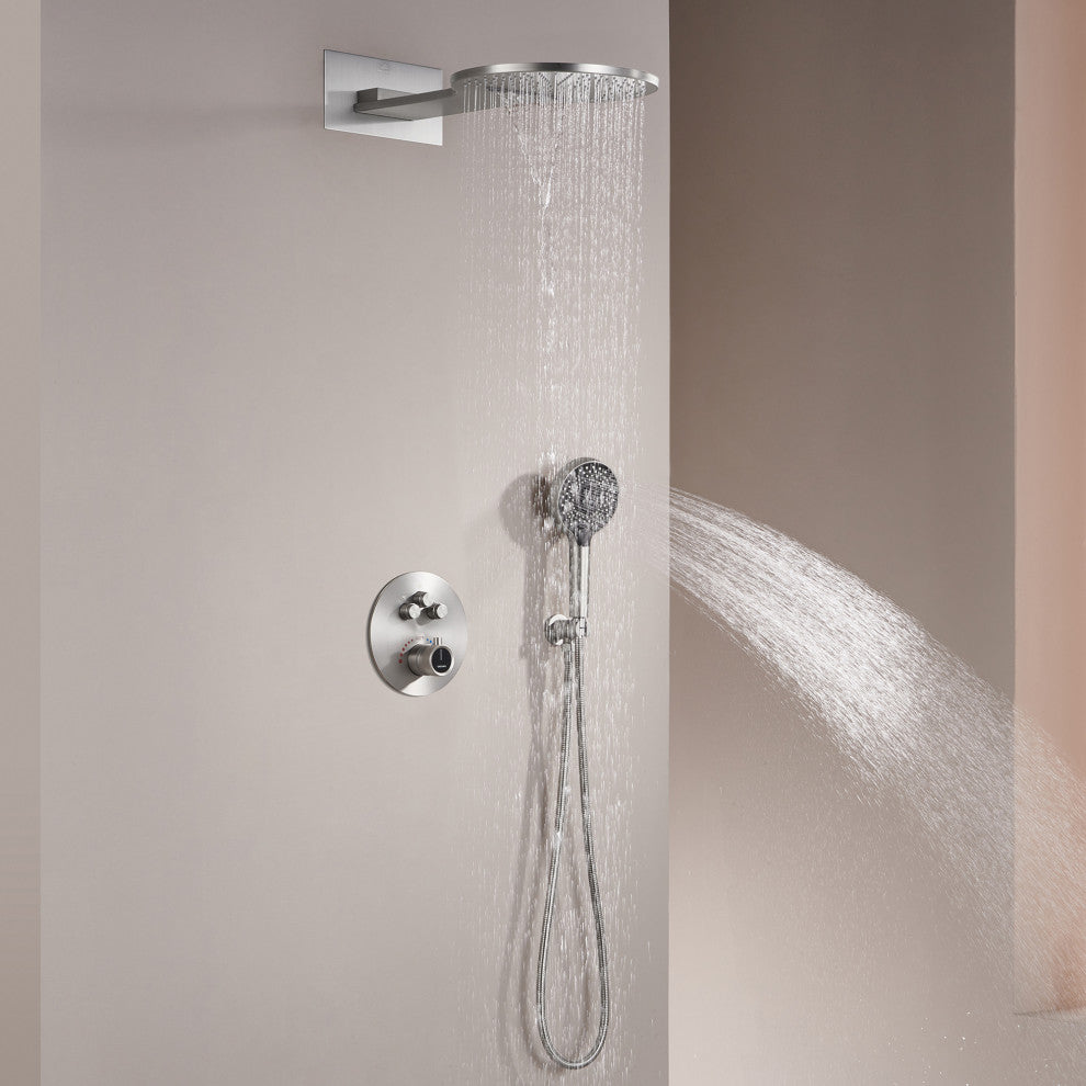22" Luxury Shower System Set with 3 Way Thermostatic Faucet, Brushed Nickel