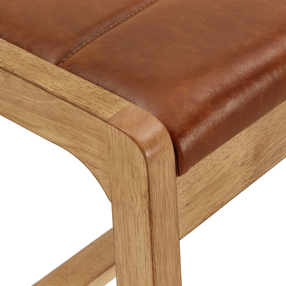 Roros Modern Scandinavian Light Oak Finish Caramel Faux Leather Cushion Bench