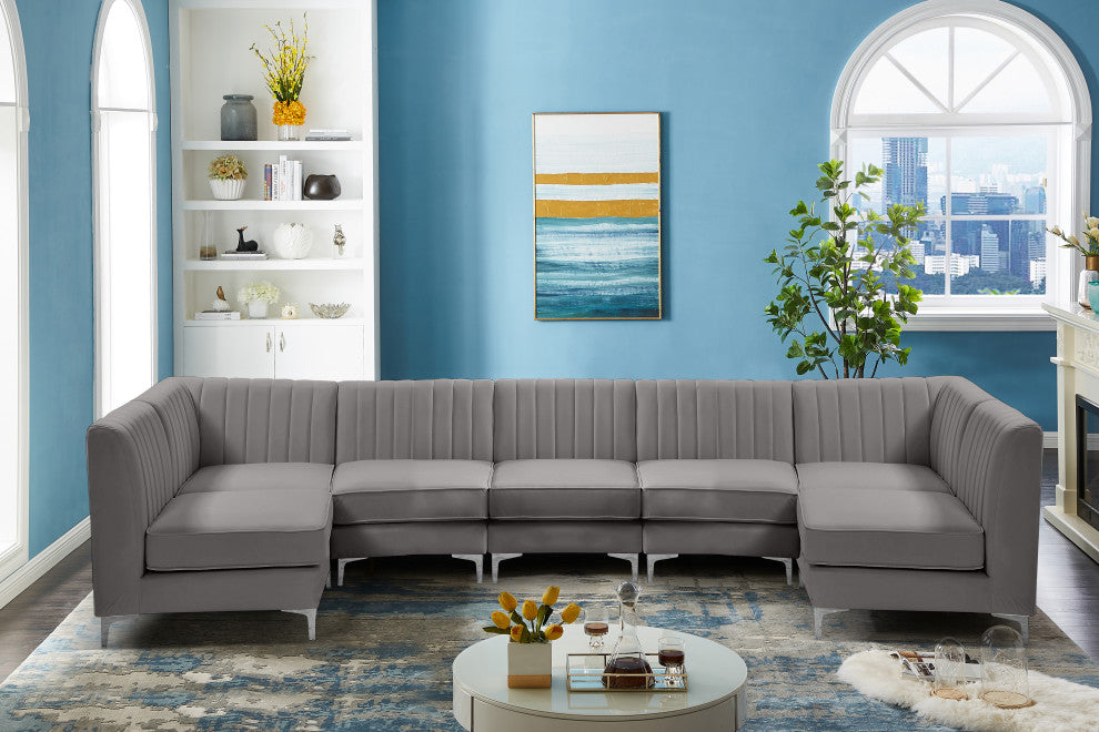 Alina Velvet Modular U-Shaped Sectional, Grey, 7-Piece: 5 Armless Chair, 2 Corner Chair