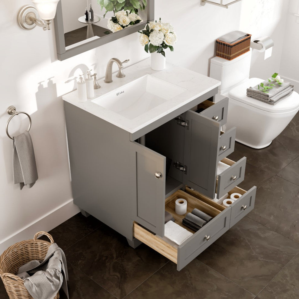 Eviva Acclaim 28" Transitional Bathroom Vanity w/ White Carrara Top, Grey