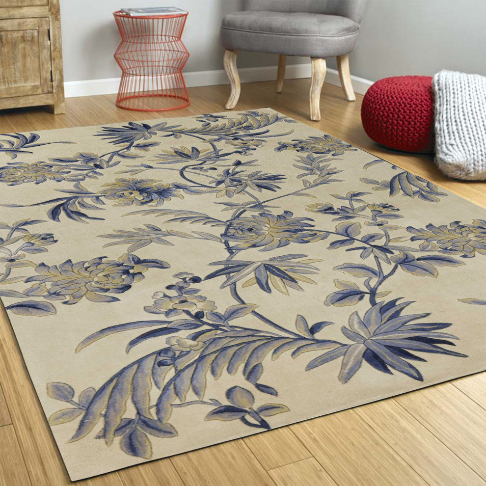 5' x 8' Wool Ivory or Blue Area Rug