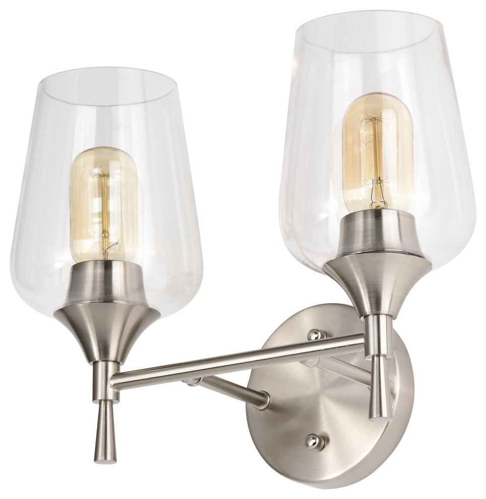 13 in. 2-Light Brushed Nickel Vanity Light With Clear Wine Glass Shades