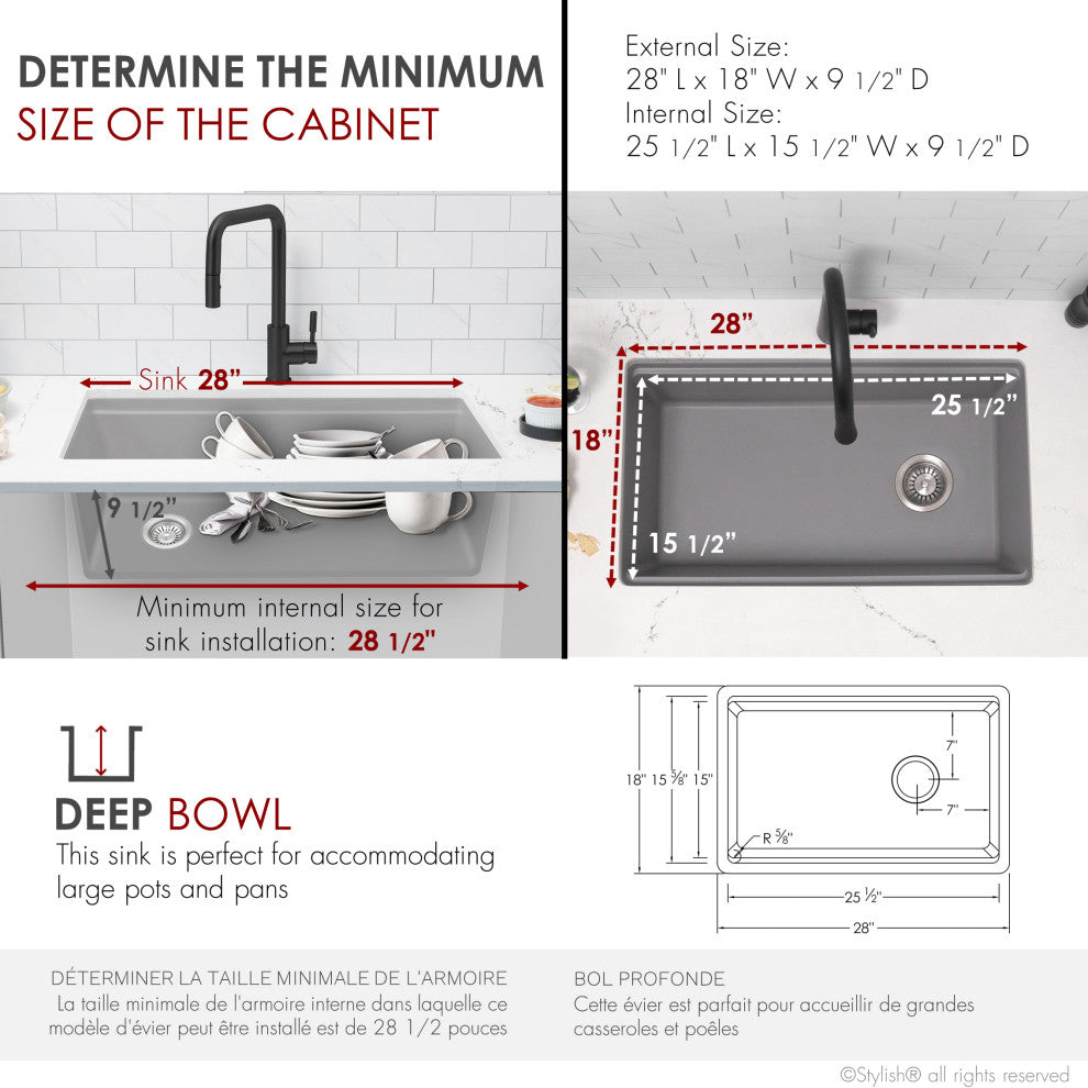 Stylish 28" Dual Mount Single Bowl Gray Granite Kitchen Sink