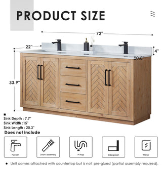 Anais Vanity Grain White Engineered Stone Countertop, Light Brown, 72", No Mirror