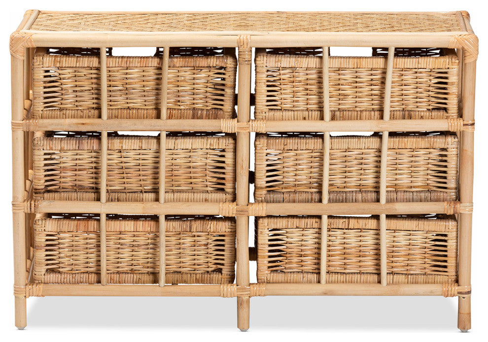 Dariana Modern Bohemian Natural Brown Rattan 6-Drawer Storage Cabinet