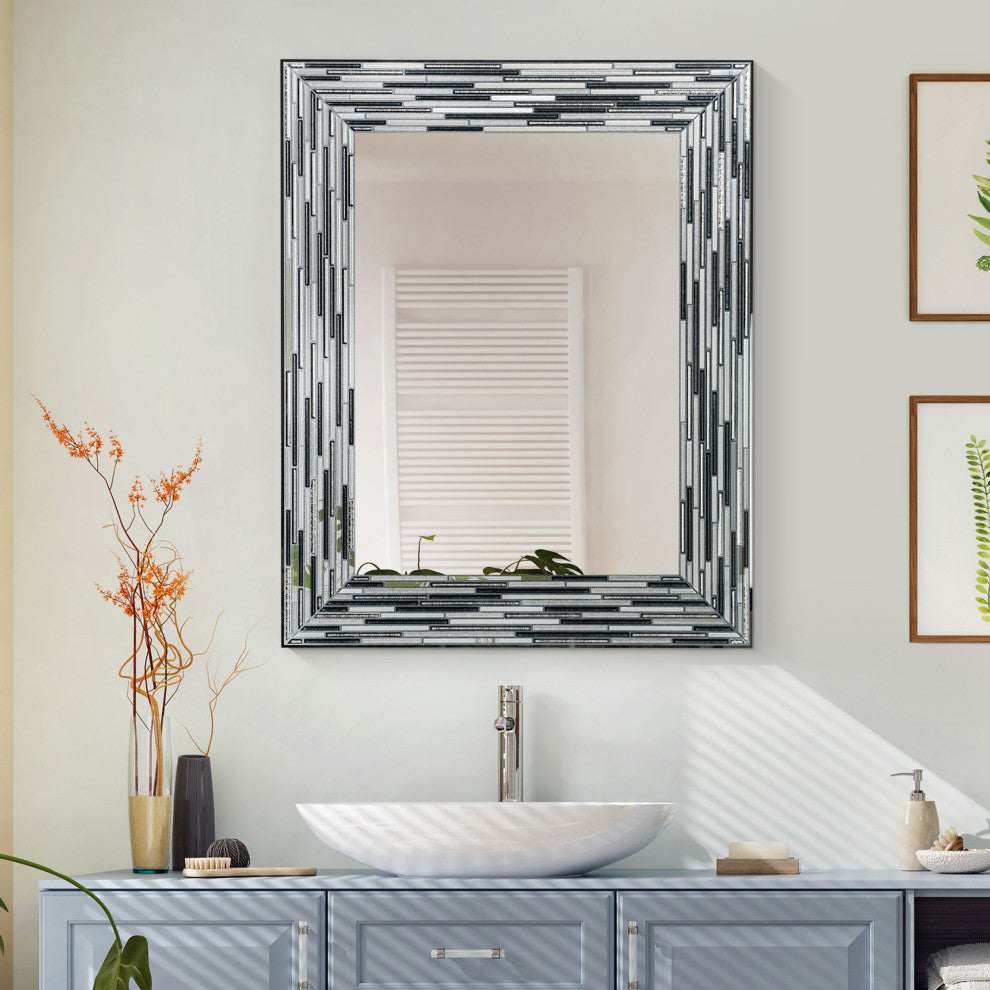Frameless Glass Reeded Simulated Tile Printed Wall Mirror, Black