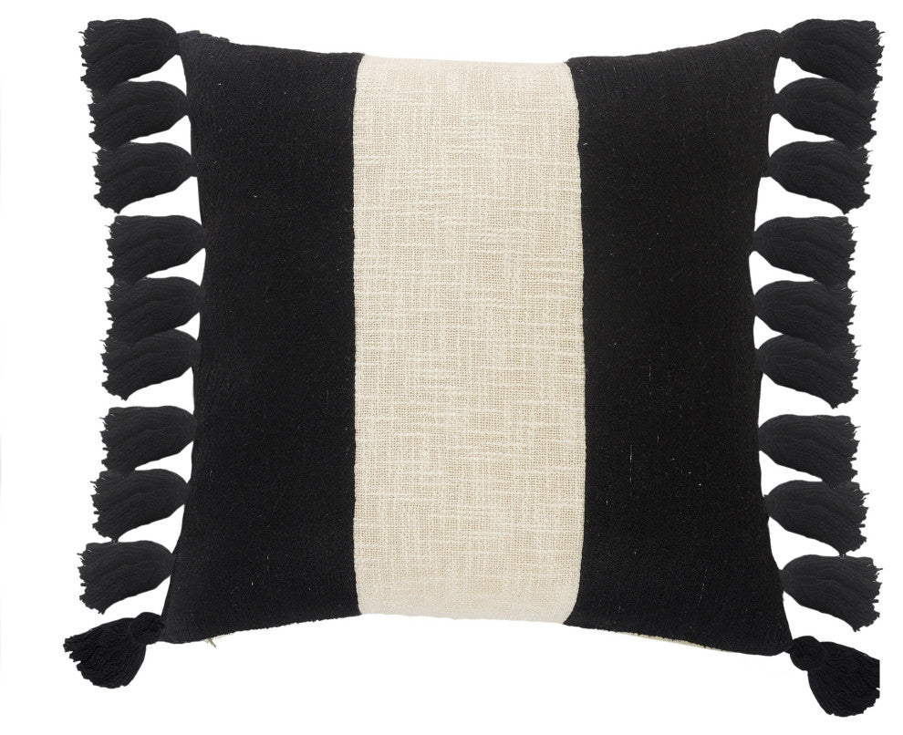 Tri-Stripe Black and Ivory Fringe Pillow