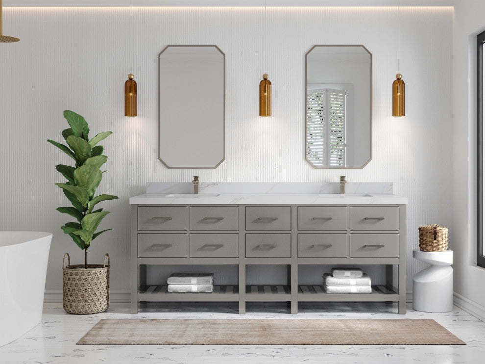 Parker 84" Double Sink Bath Vanity, Elephant Skin Gray 2" Calacatta Sienna