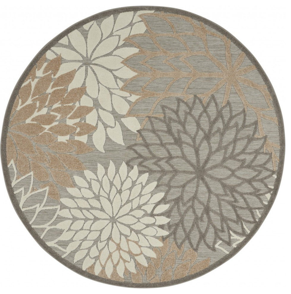 8' Round Gray And Ivory Round Floral Indoor Outdoor Area Rug