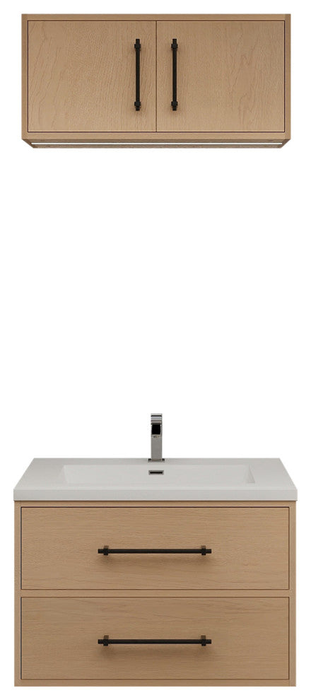 Victoria 30" Solid Wood Bath Vanity, Overhead Cabinet, Yellow Oak