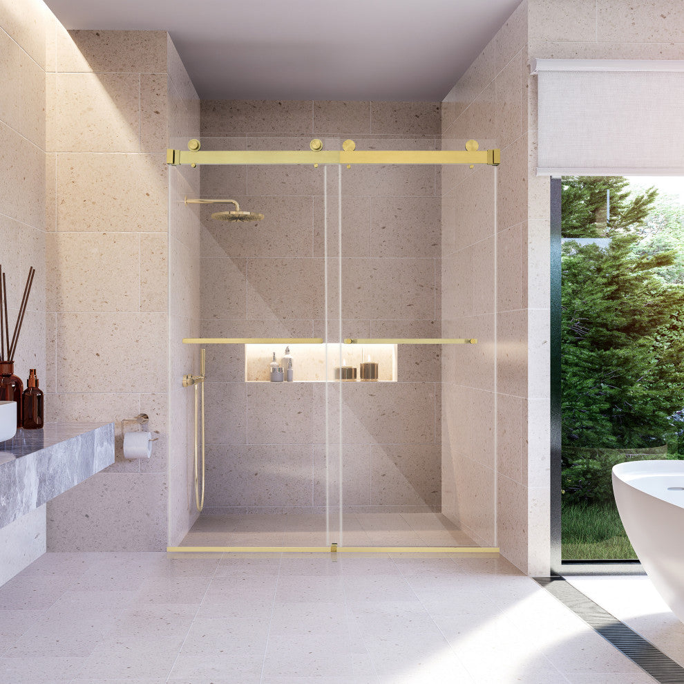 Frameless Exposed Roller Shower Door, Brushed Gold, 60" W X 76" H
