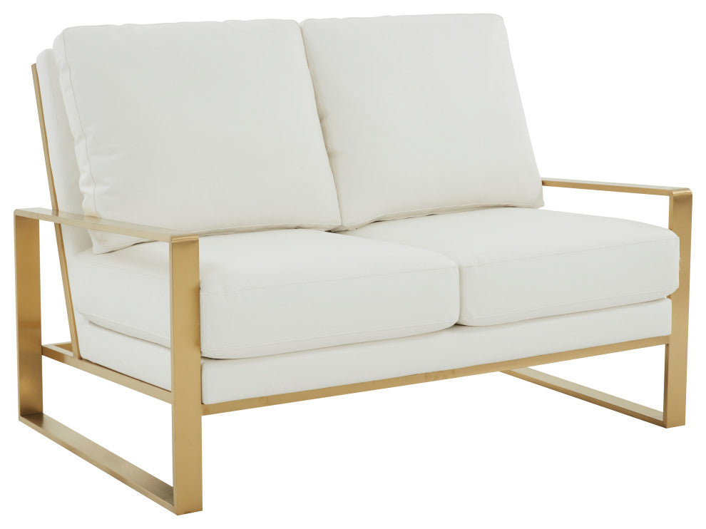 LeisureMod Jefferson Leather Modern Design Loveseat With Gold Frame, White