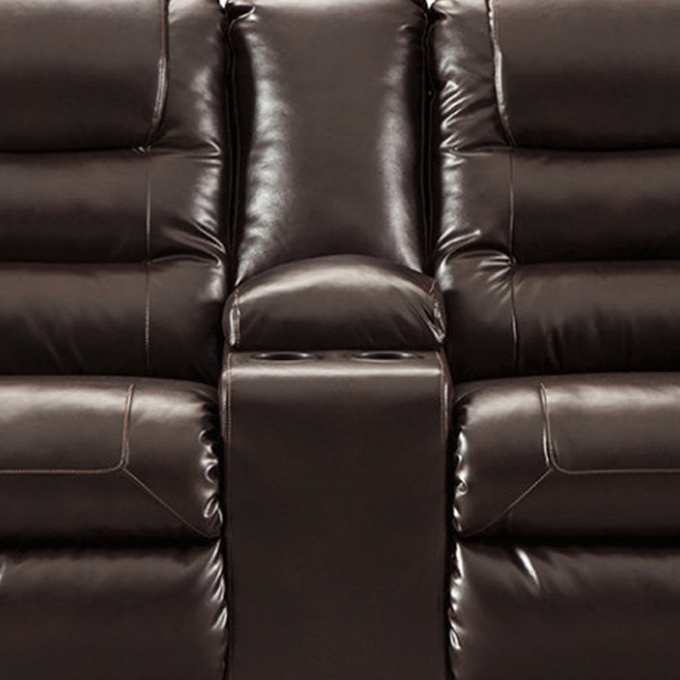 Benzara BM194828 Leatherette Metal Reclining Loveseat Lift Top Console, Brown