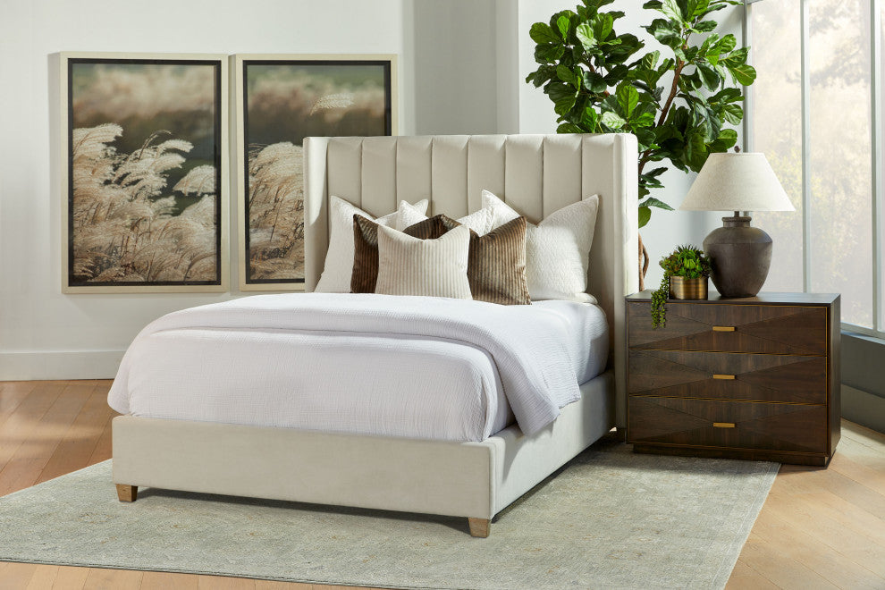 Chandler Bed, Cream Velvet, Natural Gray, Standard King