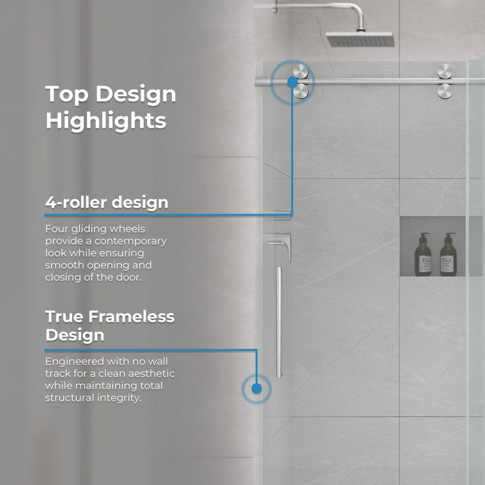 Reva Frameless Sliding Clear Alcove Shower Door, Satin Nickel, 60"