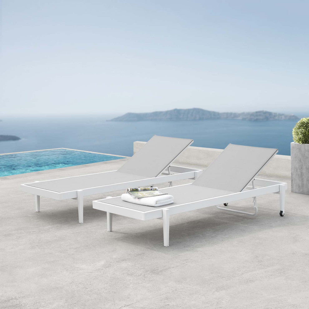 Lounge Chair Chaise, Set of 2, Aluminum, Metal, White Gray, Modern, Outdoor
