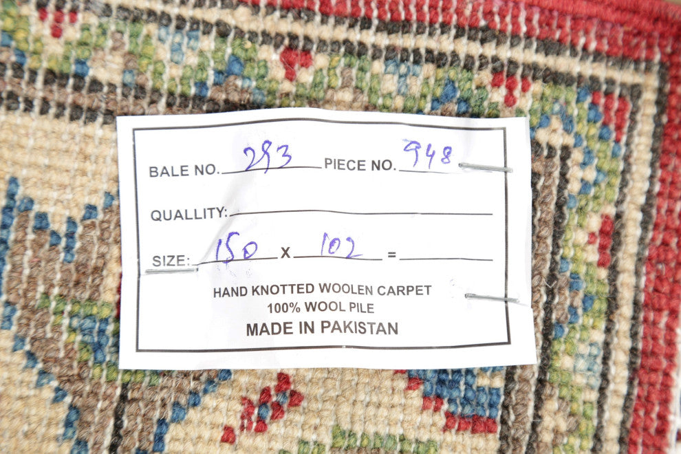 Kazak Oriental Traditional Hand Made Pakistani Area Rug, Red, 4'11"x3'4