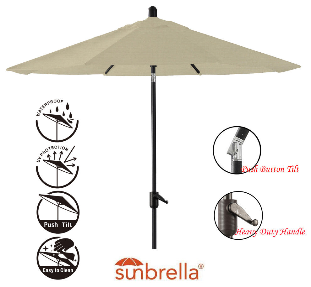 9' Round Push Tilt Market Umbrella, Black Frame, Sunbrella, Antique Beige