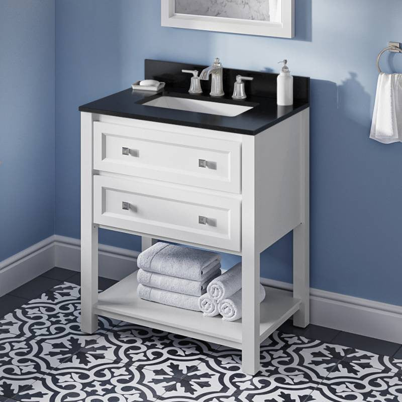 Adler Transitional 30" White Vanity, Black Granite Vanity Top