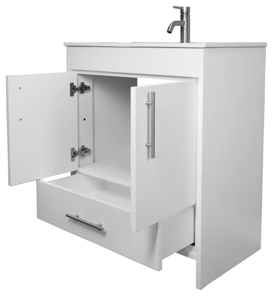 Pacific 30" Vanity With Integrated Ceramic Top and Brushed Nickel Handles, Gloss