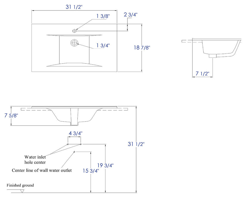 White Ceramic 32"x19" Rectangular Drop In Sink